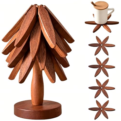 Brown Wooden Tree Trivet Set with Stand - Foldable Hot Dish Protector, Walnut Wood