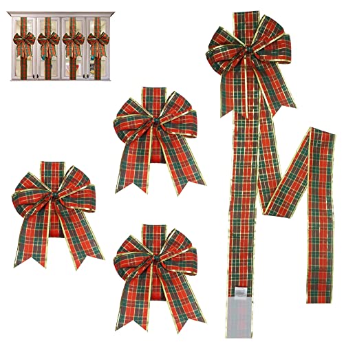 K KIRKWOOD KITCHEN 4 Pack Red & Green Festive Ribbon Bows for Christmas Decorations
