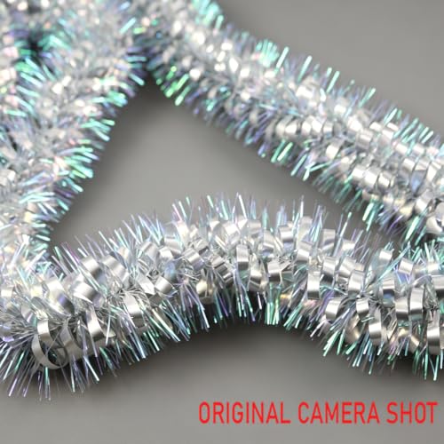 Psoeksdo 33ft Iridescent Silver Tinsel Garland - Glittering Christmas Decor for Indoor Outdoor