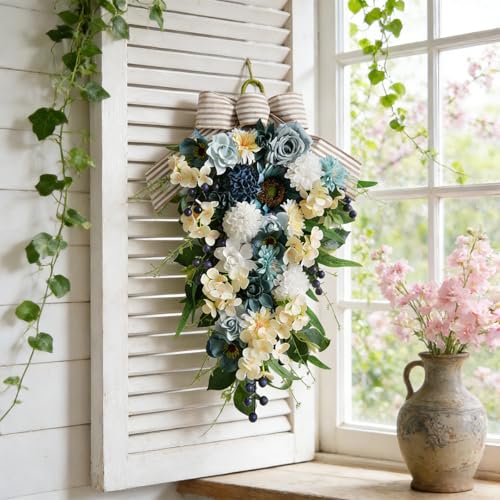25-Inch Artificial Floral Door Swag with Blue Roses and White Hydrangeas