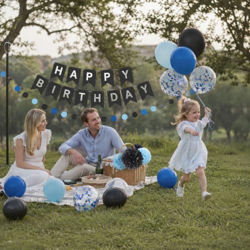 Blue and Black Birthday Party Decoration Kit with Banner, Balloons and Curtain