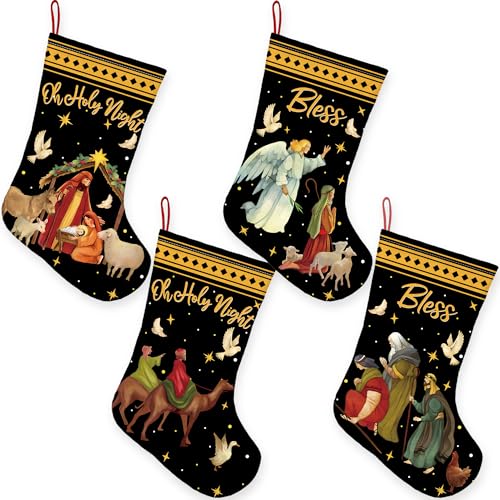 18-Inch Christmas Stockings 4-Pack Nativity Home Decor with Hanging Loops