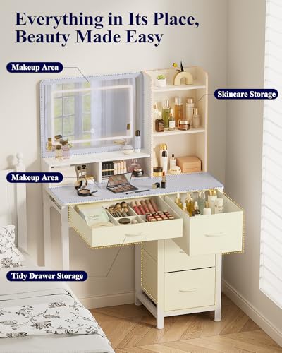 White Makeup Vanity Desk with Lighted Mirror and 4 Storage Drawers