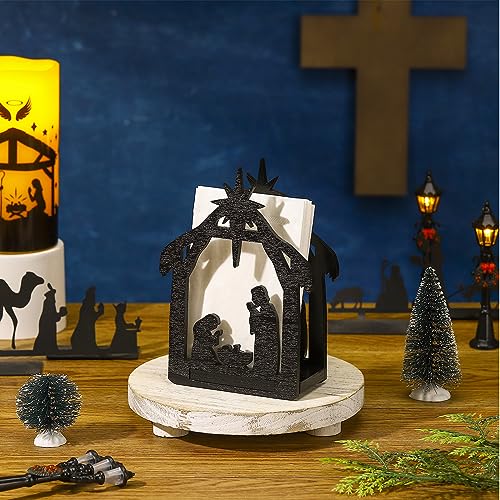 Barydat Christmas Nativity Napkin Holder – Wooden Tabletop Dispenser, Black (Nativity Style)