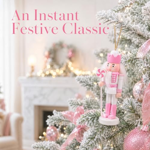 Pink Wooden Nutcracker Christmas Ornaments - 5 Pack Hanging Soldier Decor