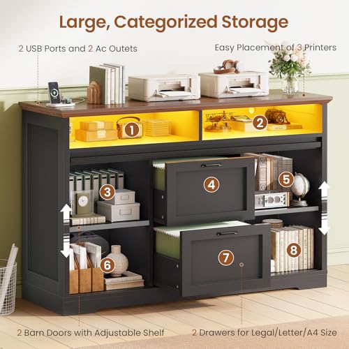 47.2-Inch Farmhouse File Cabinet with 2 Drawers, Barn Door & Charging Station