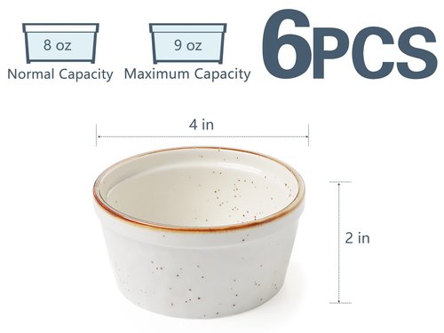 ONEMORE 8 oz Ramekins Oven Safe, Ceramic Small Ramekins with Brown Rim for Baking, Speckled Cute Ramekin Set for Creme Brulee, Sauces, Desserts & Ice Cream, Individual Custard/Pudding Cups Set of 6