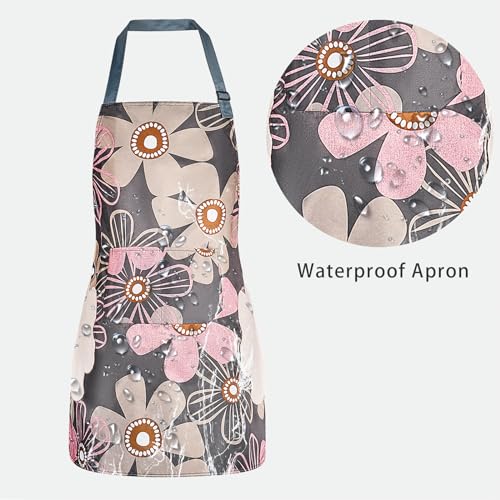 2-Pack Floral Waterproof Aprons with Pocket, Adjustable Kitchen Bib