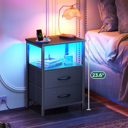 2-Drawer Nightstand with Charging Station and LED Lights, Bedside Table