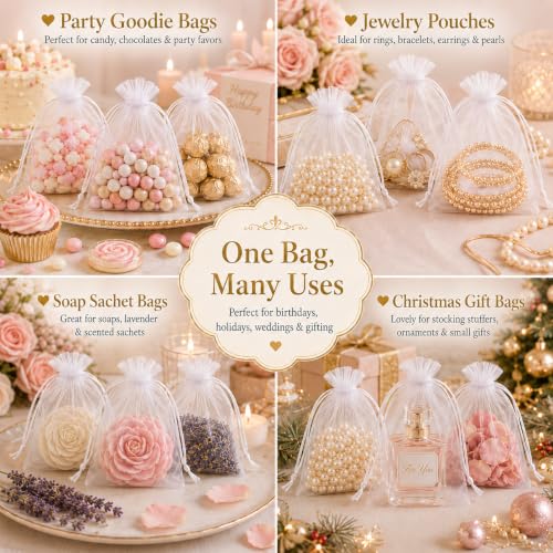 100pcs White Organza Drawstring Gift Bags 5x7 Inch Mesh Pouches