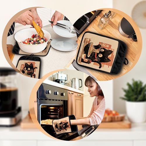 Japanese Cat Print Pot Holders with Pockets - Heat Resistant Cotton Set