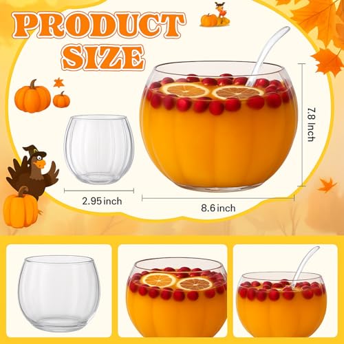 LemonRoad Pumpkin Punch Bowl Set with 6 Cups & Ladle - Fall Halloween Thanksgiving Party Decor