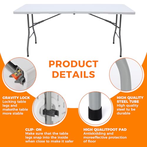 6ft Heavy Duty Folding Table - Portable Fold-in-Half Utility Table