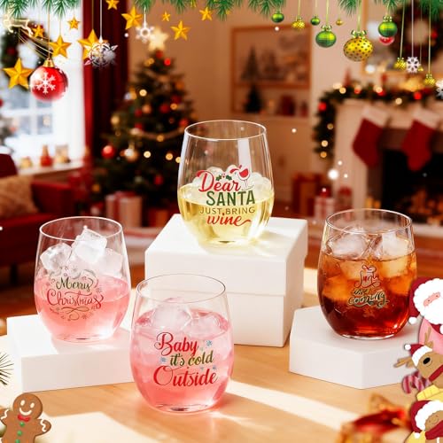 Yiyiring 12 oz Christmas Plastic Stemless Wine Glasses - 24 Pack, Holiday Party Drinkware