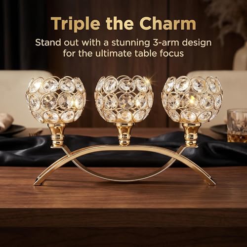 SylvaCraft 3-Arm Arched Crystal Candelabra Gold, Table Centerpiece (1 PCS) — Wedding & Home Decor
