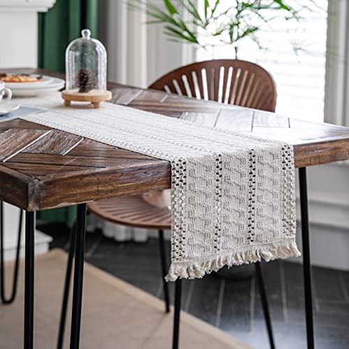 Macrame Table Runner, 12x71 Inch Boho Woven Cotton with Tassels