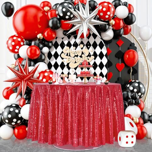 QueenDream Red 90 Inch Round Sequin Tablecloth for Party & Wedding