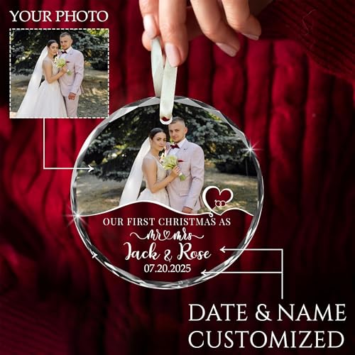 Personalized First Christmas Married Glass Photo Ornament 2026