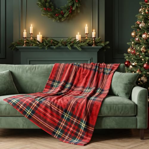 Christmas Fleece Blanket Holiday Throw 50x60 Red Tartan for Sofa Bed Home Decor