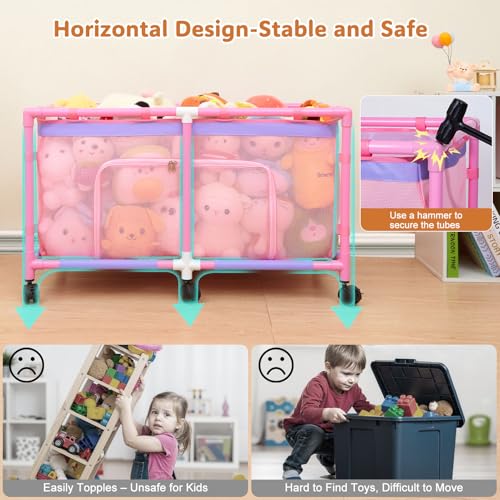 Large Rolling Toy Storage Bin with Mesh Sides and Rotating Wheels