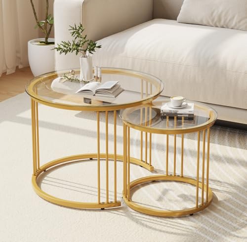 Round Nesting Coffee Table Set of 2, Gold Metal Frame with Glass Top
