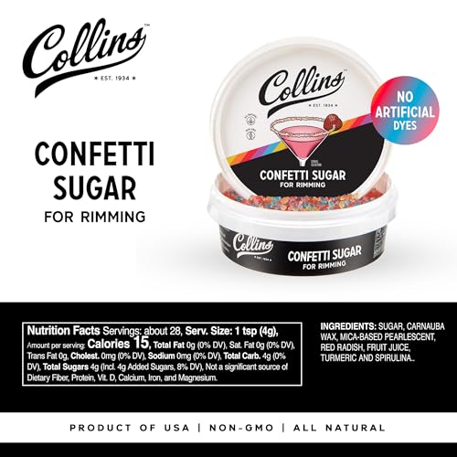 Collins Confetti Sugar - All-Natural Plant-Based Cocktail Rimming Sugar - Festive 4 oz