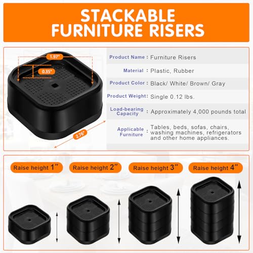 Heavy Duty Adjustable Furniture Risers - 8 Pack Stackable Bed Lifts (Black)