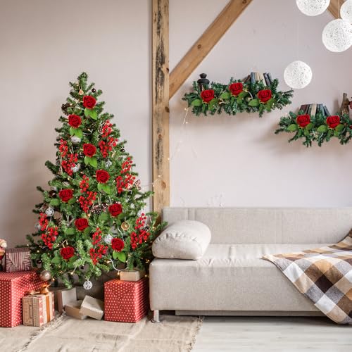Artificial Velvet Rose & Berry Christmas Decor Set | 60 Pcs Holiday Floral Arrangement