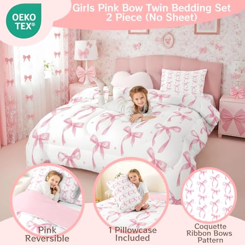 Twin Size Pink Bow Comforter Set, Cute Ribbon Bedding for Girls