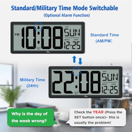 14.5" Large Digital Wall Clock Battery Operated - Auto DST, Temp & Date