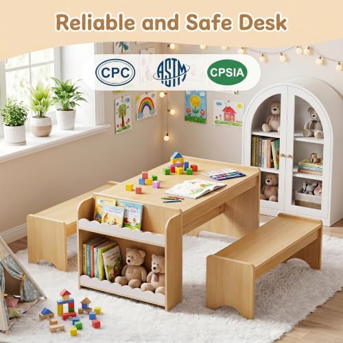 Kids Wooden Activity Table and Bench Set with Storage Shelves