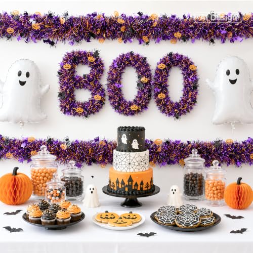 Halloween Metallic Tinsel Garland with Pumpkin & Bat Accents, 33 FT