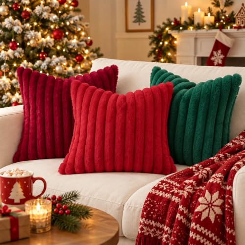 DecorUhome Faux Fur Throw Pillow Covers 26x26 in Green, Set of 2 - Christmas