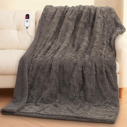 Heated Throw Blanket 50x72 Inch with Paw Print, Sherpa Fleece Electric Blanket