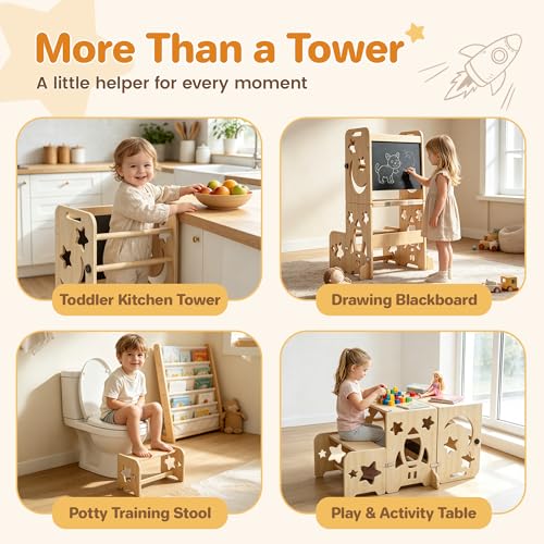 4-in-1 Foldable Montessori Toddler Learning Tower with Blackboard