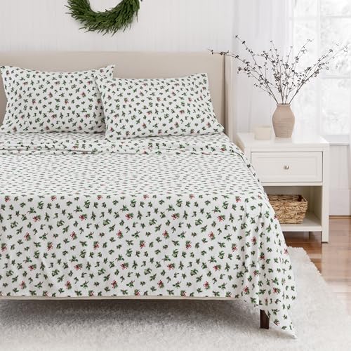 Martha Stewart Holiday Boughs of Holly Cotton Flannel Twin Sheet Set - Red & Green