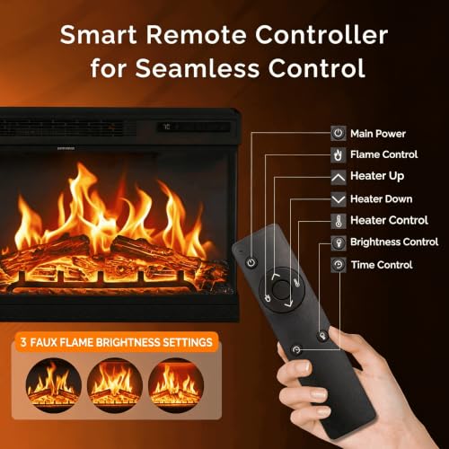 24-Inch Electric Fireplace Insert, 3-Sided Recessed & Wall Mount Heater with Remote
