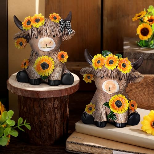 Highland Cow Figurines Set, Sunflower Resin Statue for Farmhouse Decor
