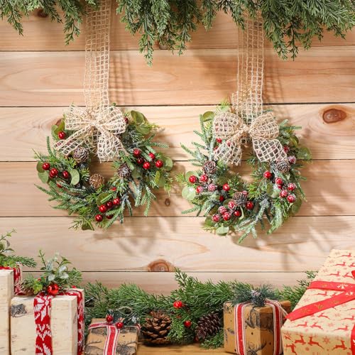 Dingion 18 Pcs Mini Christmas Wreaths for Cabinets with Pine Cones & Bows - 9in