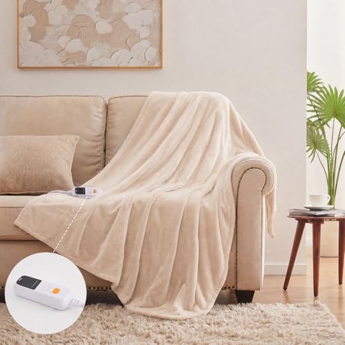 Electric Heated Blanket Throw 50x60 - 6 Heat Levels, Beige