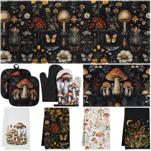 10-Piece Mushroom Kitchen Set: Oven Mitts, Pot Holders, Towels & Floor Mats