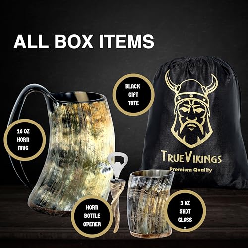 Handcrafted 16 oz Ox Horn Drinking Mug with Shot Glass and Bottle Opener