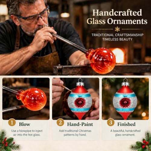 Soulchen Multi-Color Retro Christmas Glass Finial Ornaments Set of 8 with Reflectors