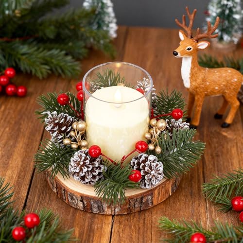 Acmee 4 Sets Christmas Candle Rings with Flameless Candles - 8 Pinecone, Red Gold Berry Wreaths