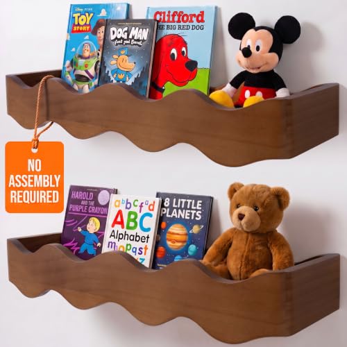 Floating Nursery Book Shelves - Solid Pine Wall Bookshelf for Kids Room (Set of 2)
