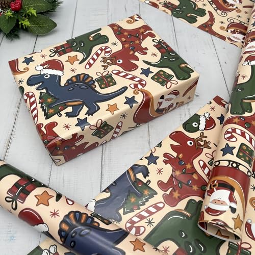 Dinosaur Christmas Wrapping Paper 8 Sheets 28 x 20 in - Dinasour Xmas Variation