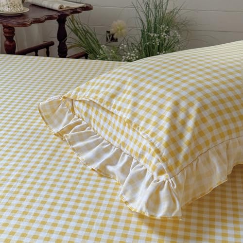 Ruffled Gingham Pillow Shams 20x26, Set of 2 Farmhouse Plaid Pillow Covers