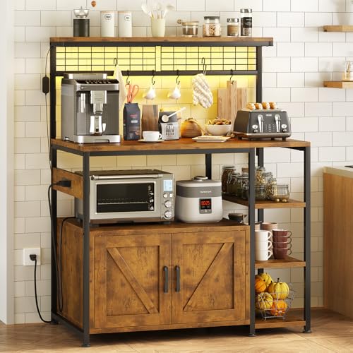 Kitchen Bakers Rack with Power Outlet, LED Light, and Storage Cabinet