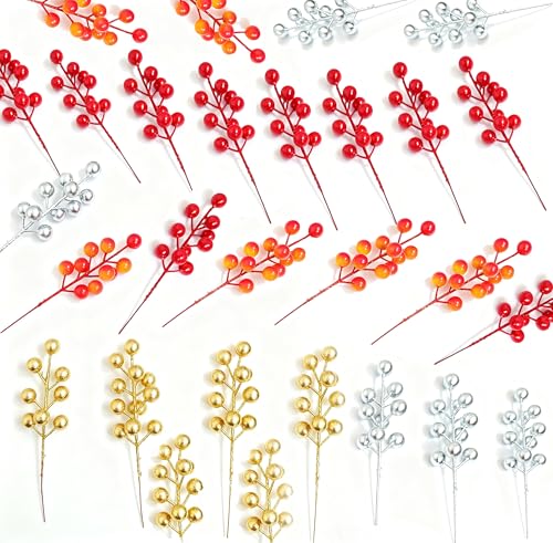 28 Pcs Artificial Holly Berry Stems for Holiday Decor, Reusable Christmas Wreaths & Centerpieces
