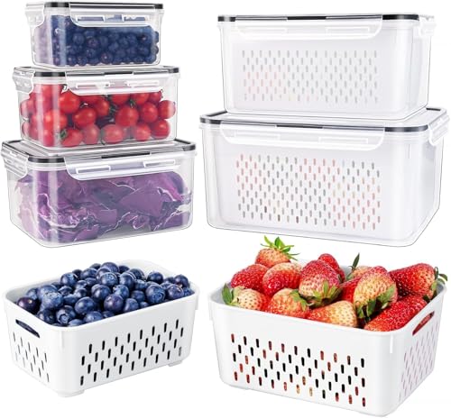 Freshmage 5 pcs Large Fruit Storage Containers with Colanders, Food Organizer, Fridge Bins, Variant wu